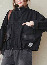 Schwarzer Denim-Langarmmantel mit Taschen und Reißverschluss und Kordelzug